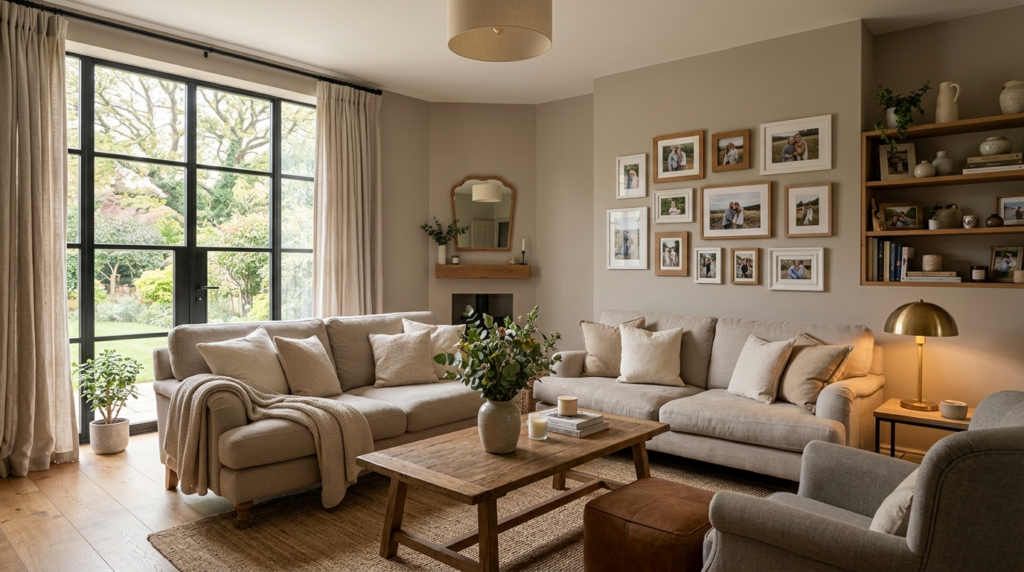 Peaceful living room with neutral tones, comfortable seating