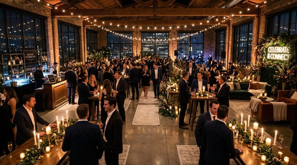 Wide angle view of an upscale company celebration venue with