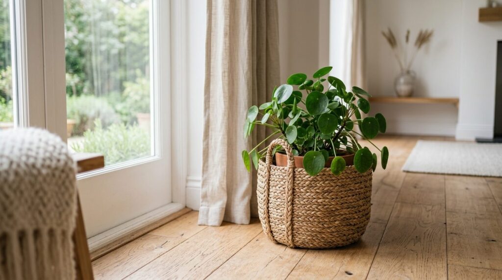 Cozy minimalist interior scene, handwoven seagrass plant bas