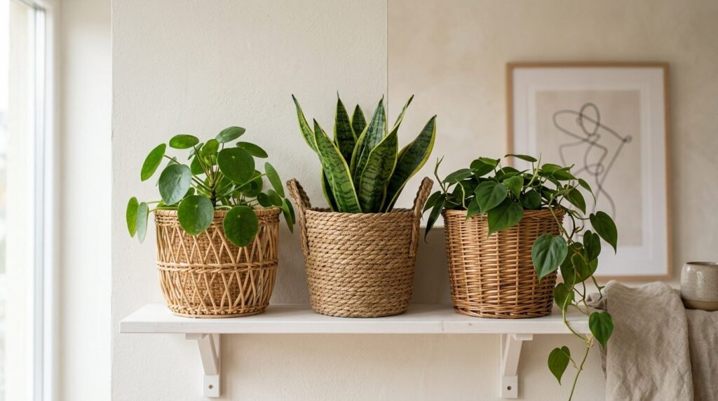 Styled home interior detail shot, collection of three woven