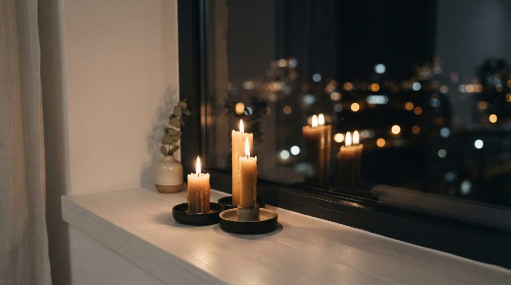Close-up detail shot of candles arranged on a clean windowsi