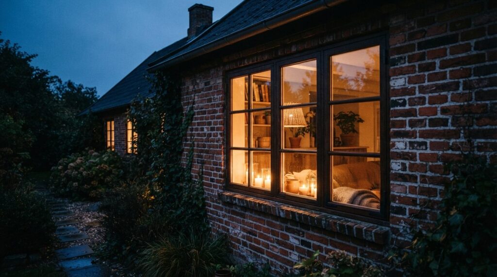 Exterior view of a residential window at evening with candle