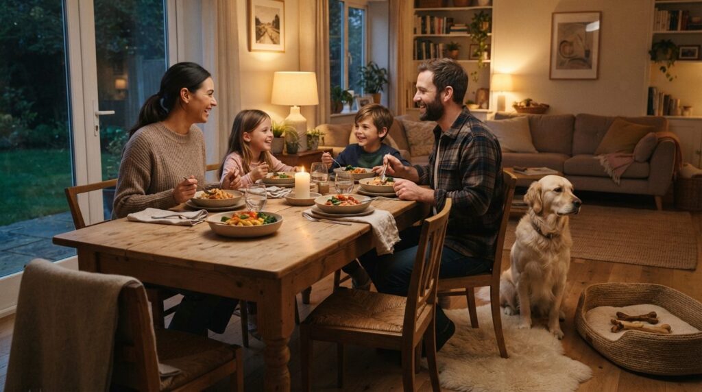 Photorealistic stock photo, 16:9 aspect ratio: Cozy living r