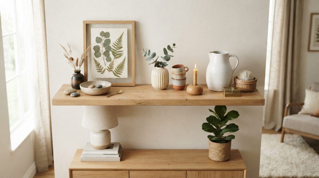 High-quality interior styling photograph of a light oak shel