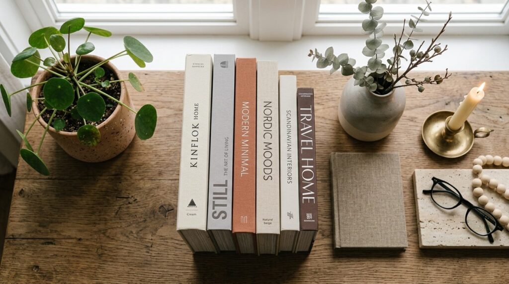 Close-up flatlay of curated coffee table books stacked and a