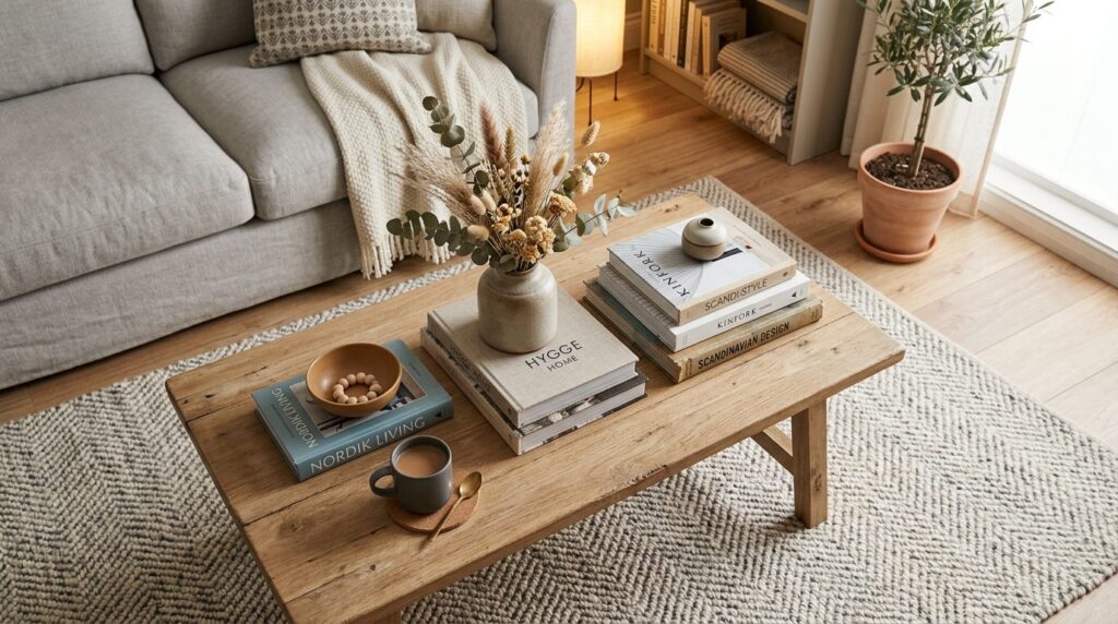 Overhead view of a styled coffee table in a cozy nordic livi