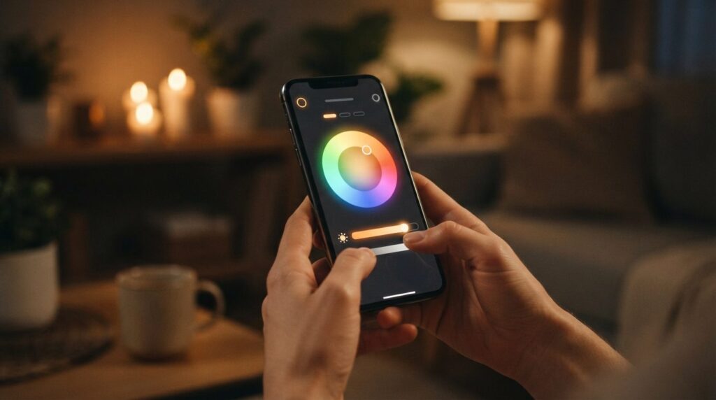 Close-up of hands holding smartphone displaying smart home l