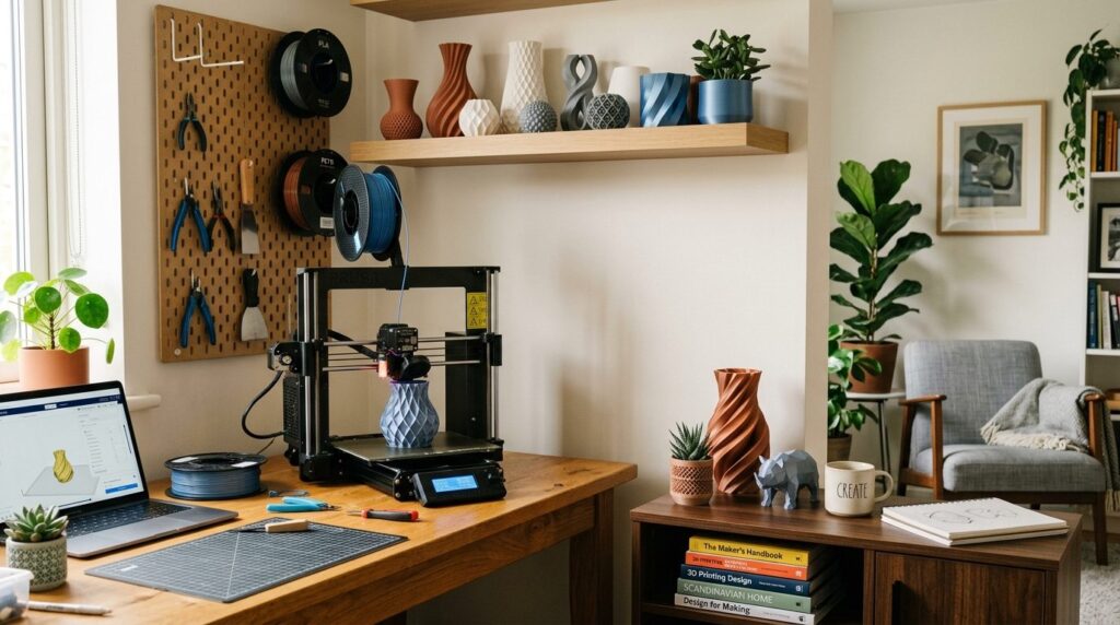 Interior lifestyle photograph of a home workshop corner feat