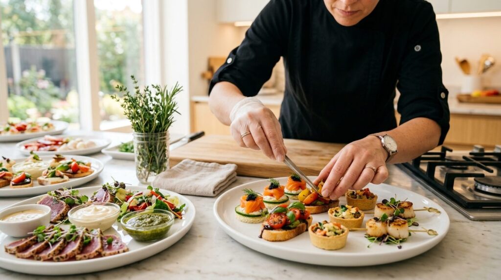 Close-up of a professional caterers hands arranging appetiz