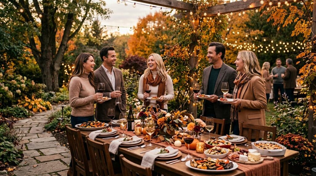 Outdoor garden party setting with a beautifully decorated ta