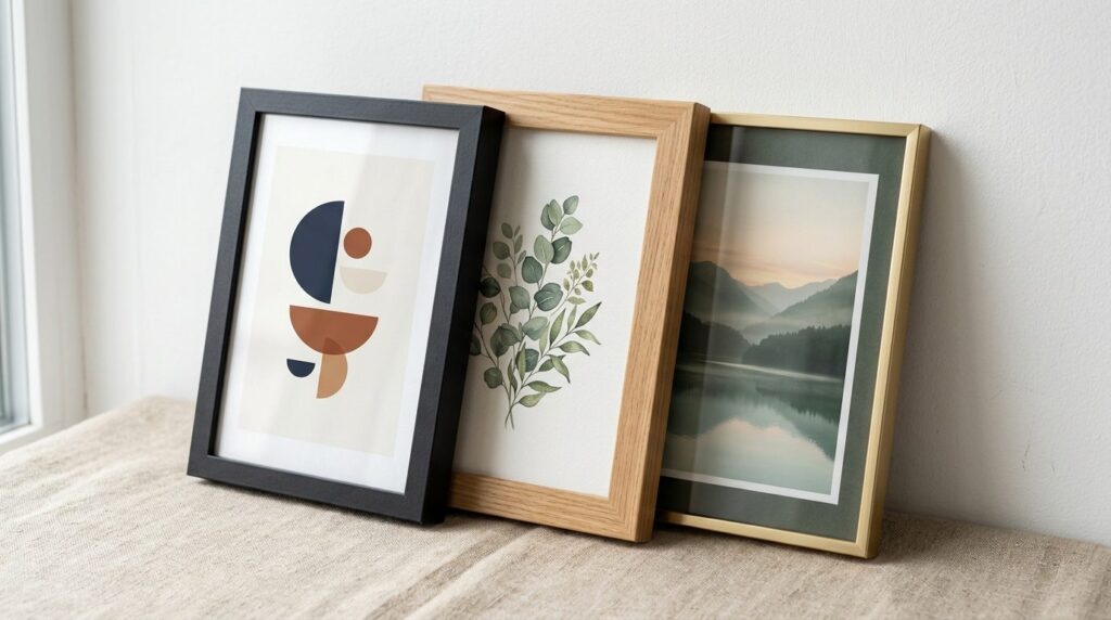 Close-up detail shot of three different picture frame sample