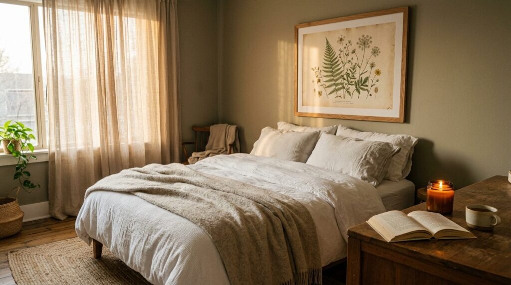 Moody hygge bedroom interior with a single large framed bota