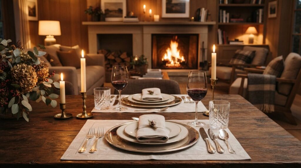 Sophisticated dinner table scene showing personalized luxury