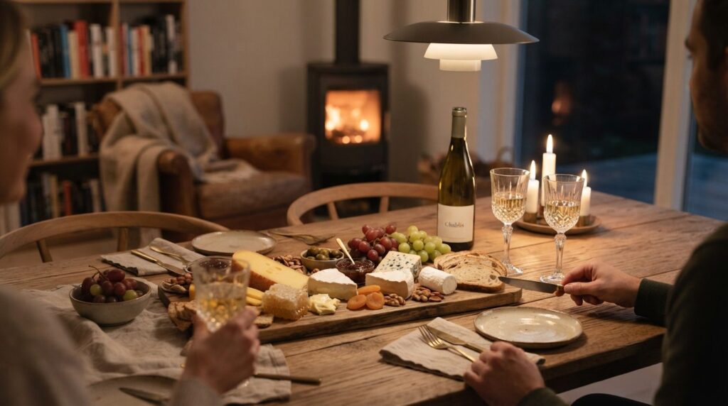 Warm, inviting interior scene of a cozy Danish home with a s