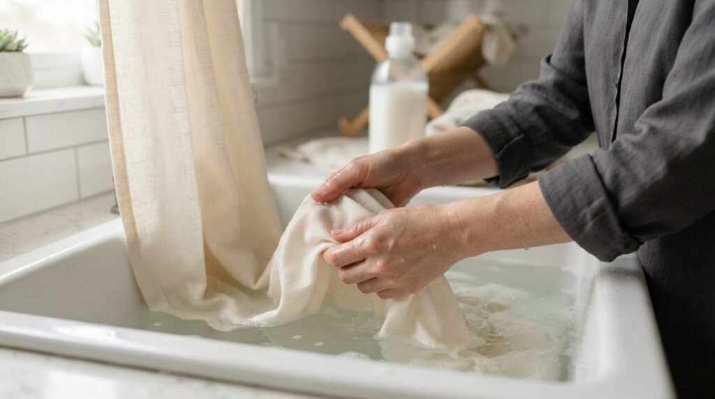 Close-up detailed shot of hands carefully washing soft cream