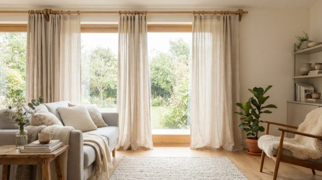 Freshly laundered linen curtains hanging on a wooden curtain