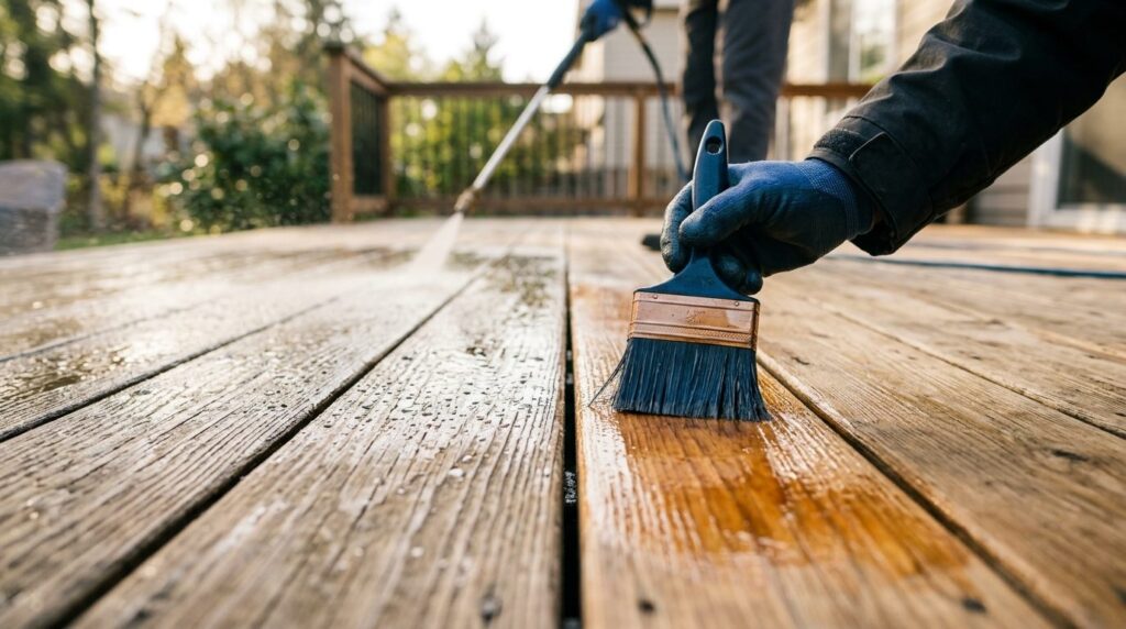 Close-up detail shot of wooden deck boards being professiona