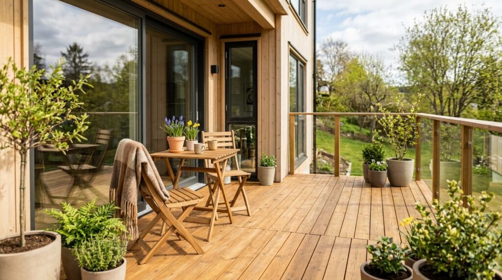 Seasonal wooden terrace throughout the year montage concept,