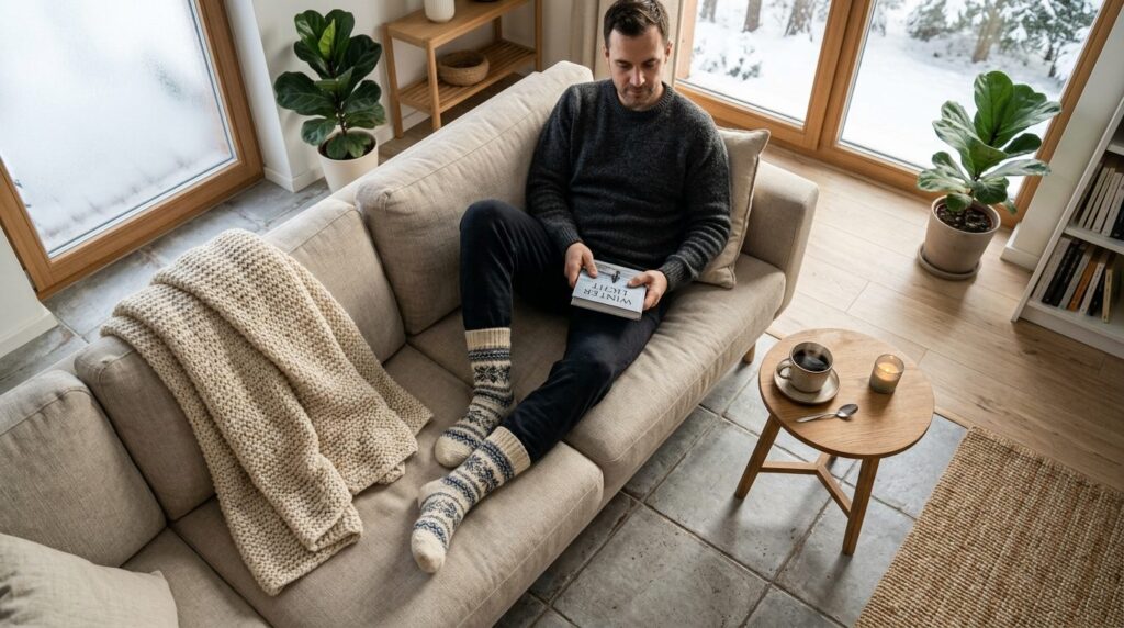 Overhead shot of a man sitting on a light-colored sofa weari