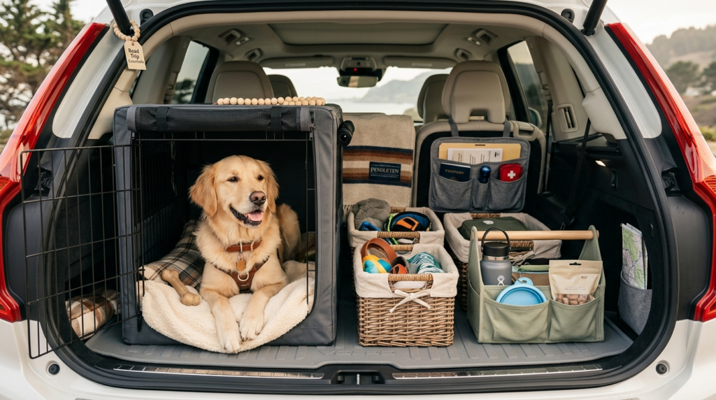 A close-up lifestyle shot of a well-organized car trunk setu