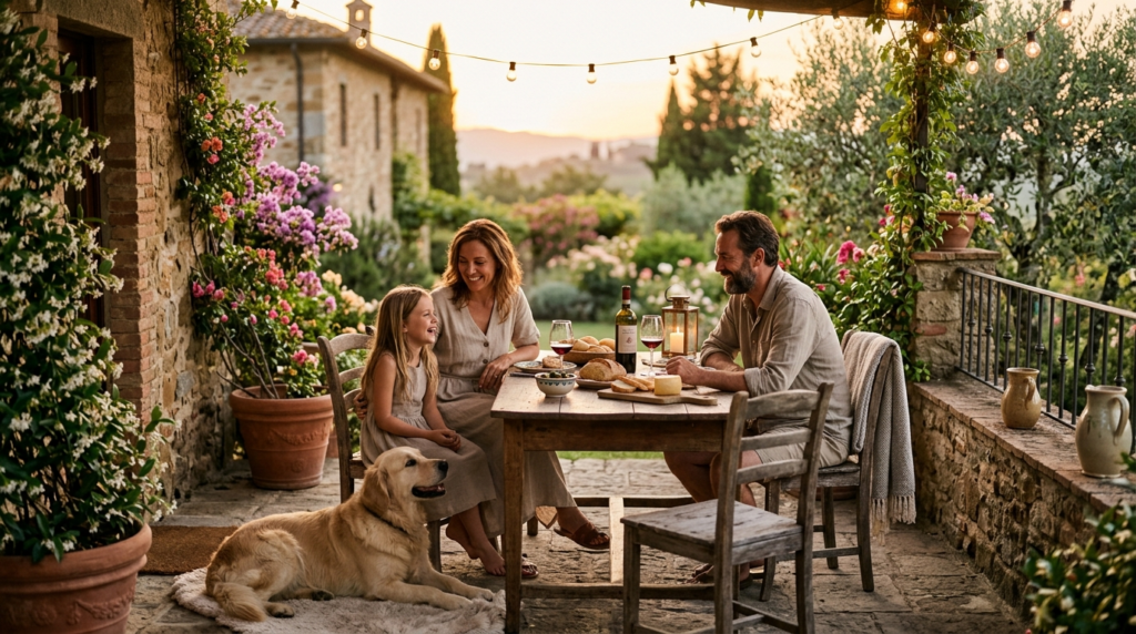 A serene photograph of a family with their dog enjoying a pe