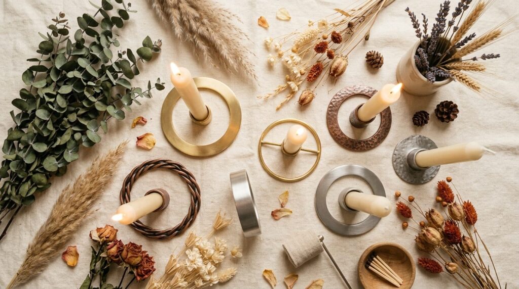 Flat lay composition of multiple candle rings in different m